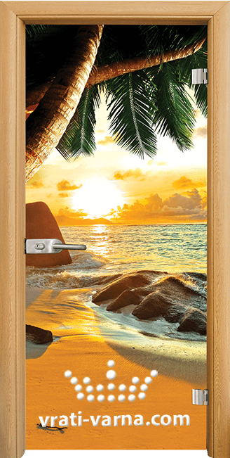Стъклена интериорна врата Print G 13-14 Beach sunset, каса Светъл дъб
